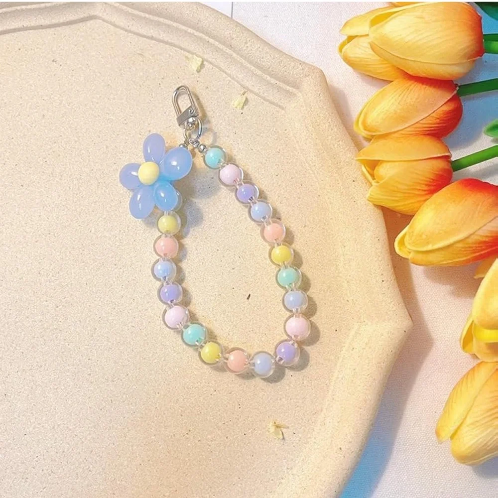 Colorful Pastel Beaded Flower Wrist Phone Lanyard Bracelet Keychain NWT